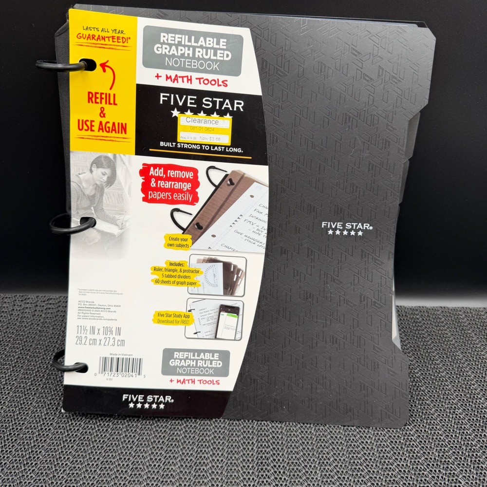 Five Star Refillable Graph Ruled Notebook Black & Pen+Gear Filler Paper Bundle